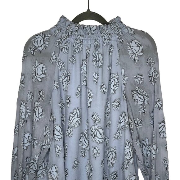 Rebecca Taylor Smocked Neck Silk Blend Rose Print Blouse‎ Light Blue Metallic 10 - Picture 3 of 11